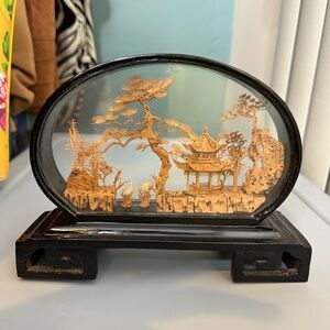 Vintage Oriental Hand Carved Cork Art Diorama Pagoda, glass enclosed frame